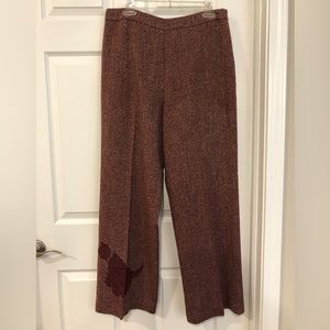 Jones Wear, Lined Burgundy Tweed Trouser w/Floral Appliqué, Wide Leg, Size 12